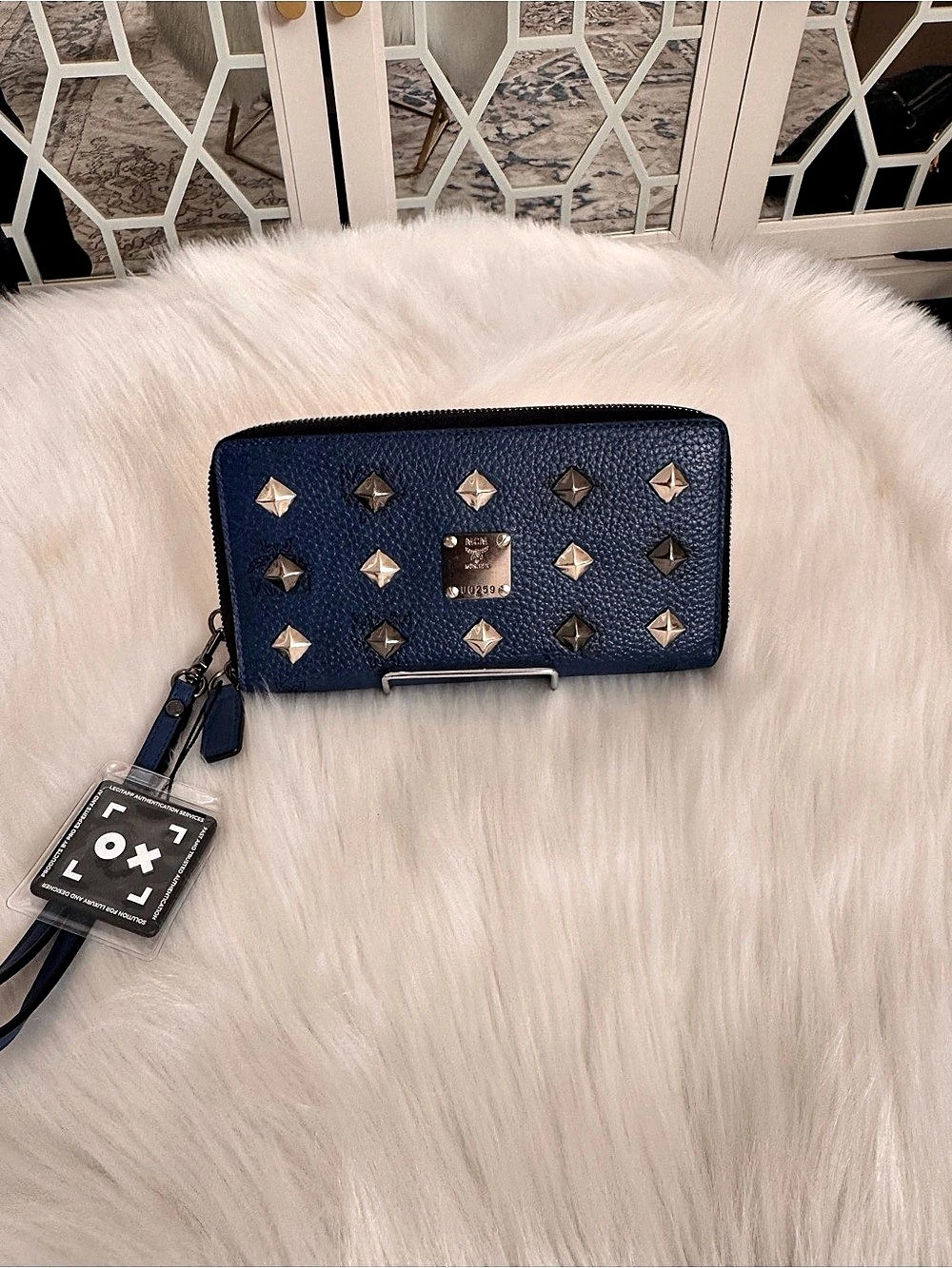 MCM Zip Around Wallet Studded Blue Like New